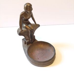 Vtg Antique 1920s 1930s Art Deco Woman Pool Bronze Ashtray Trinket Tray